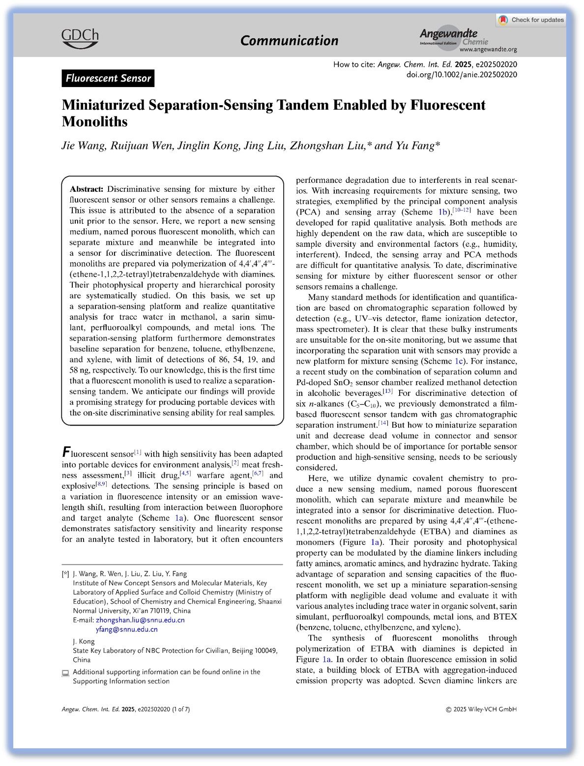 光子鼻与分子材料研究团队在学术期刊Angew. Chem. Int. Ed.上发表研究成果（2025-3-14）
